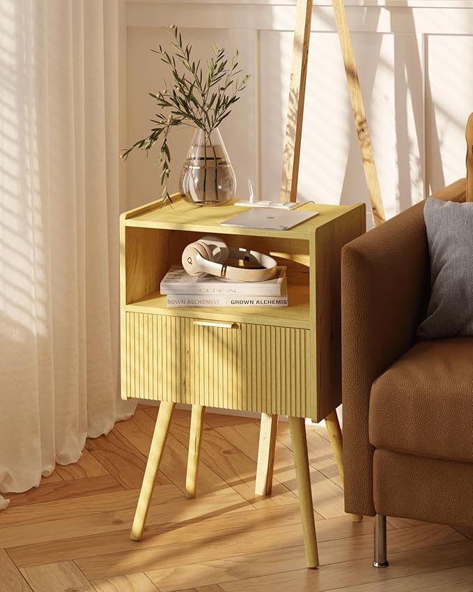 Nightstand with Outlet, Modern Bedside Table with Storage Drawer and Open Wood - Image 7