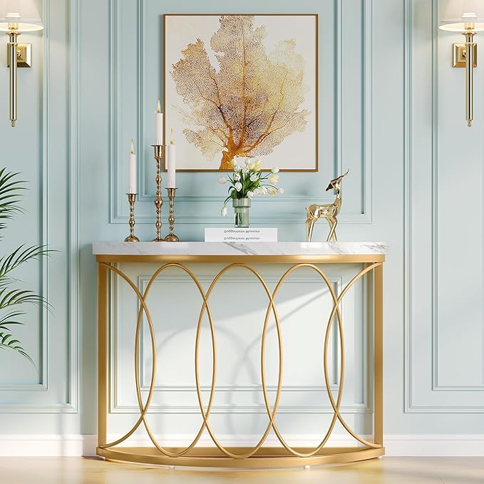 LITTLE TREE Half Moon Gold Console Table, 43 Inch Modern Faux Marble Entryway - Image 4