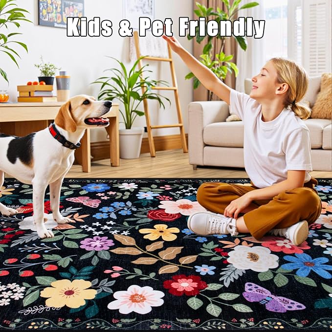 Area Rugs 9x12 Living Room: Floral Washable Rug Vintage Large Soft Boho - Image 7
