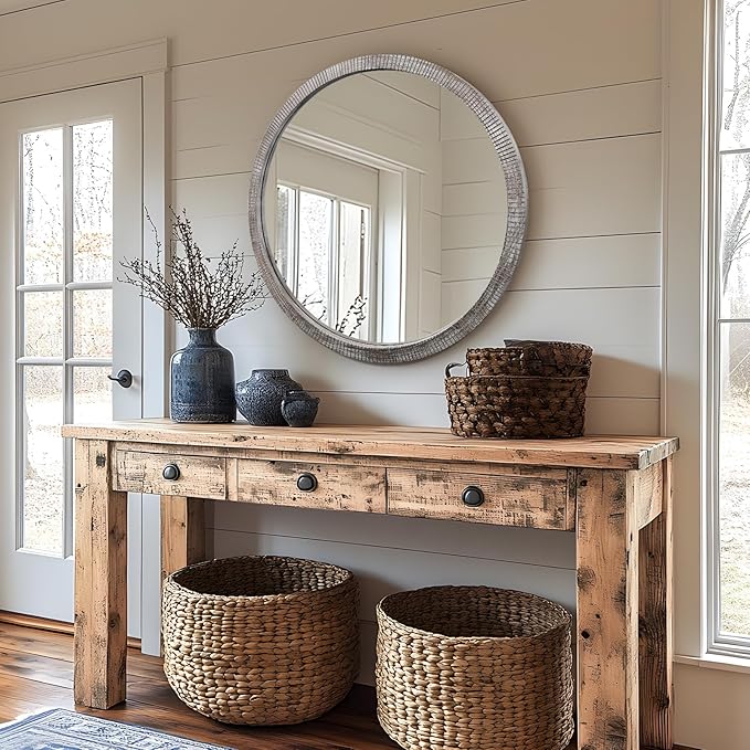 35" Round Wood Mirror, Large Wooden Round Mirror, Wood Round Mirrors - Image 2