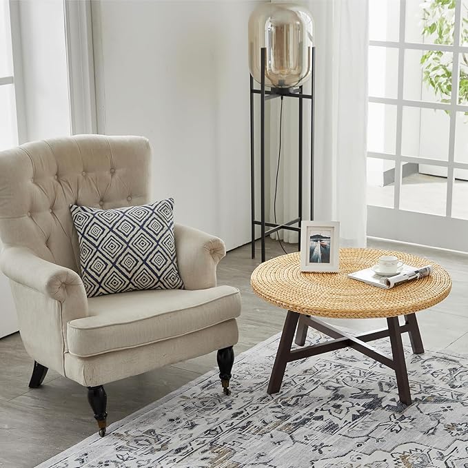 RANDEFURN Coffee Table Round, Seagrass Coffee Tables, Pine Wood X Base Frame - Image 4