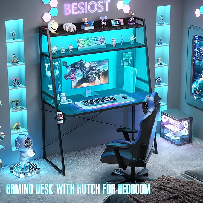 Small Gaming Desk with Hutch and LED Lights, Gaming Computer Desk with Power - Image 3