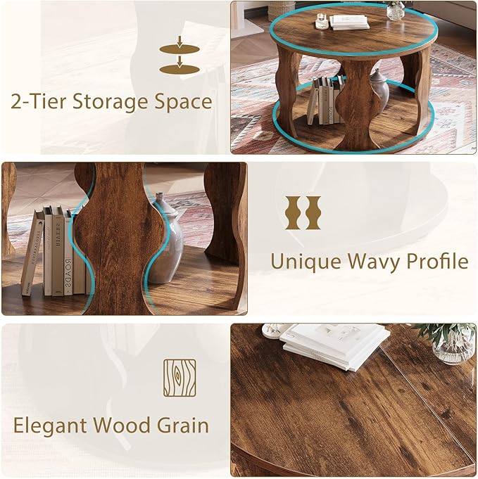 HSH Round Wood Coffee Table, Rustic Brown Circle Center Table - Image 3