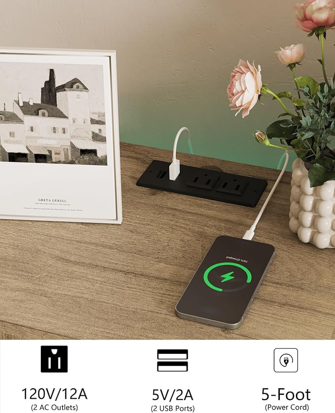 Nightstand with Charging Station and LED Lights, Modern Bedside Table with 2 - Image 5