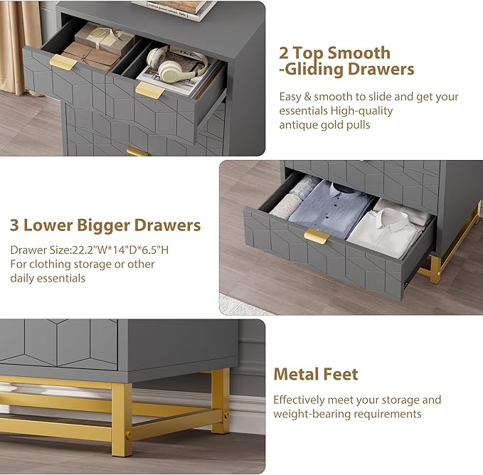 GAOMON Grey 5 Drawer Dresser for Bedroom, Chest of Drawers - Image 5