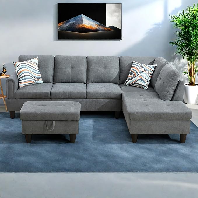 L-Shaped Sectional Sofa with Ottoman, Right-Facing Modern Microfiber Couch - Image 4