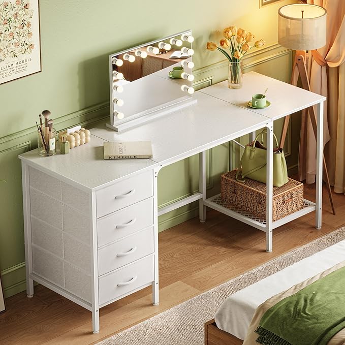 Huuger 63 Inch White Desk with 4 Drawers, Vanity Desk with Mesh Shelf, Large - Image 2