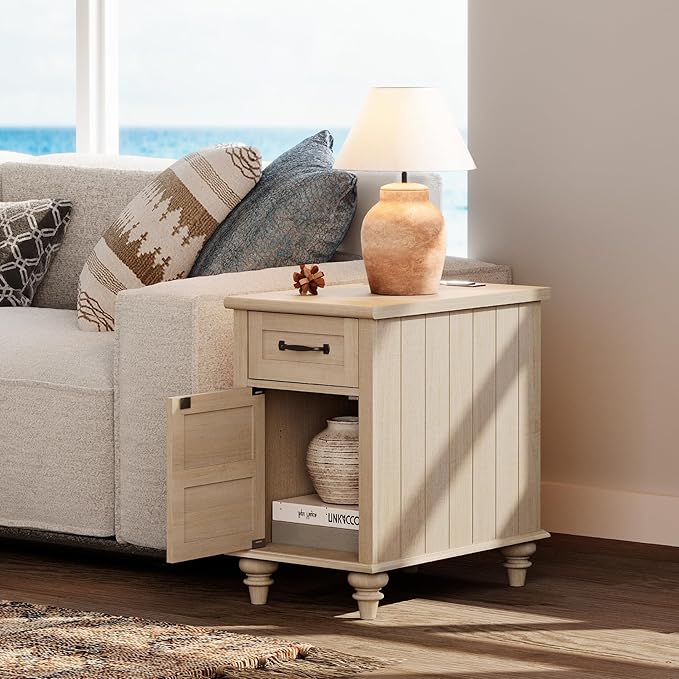 WAMPAT Beige End Table with Charging Station, Wooden Side Table with Storage - Image 4