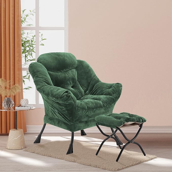 Lazy Chair with Folding Ottoman, Accent Chair Plush Upholstered with Metal - Image 2