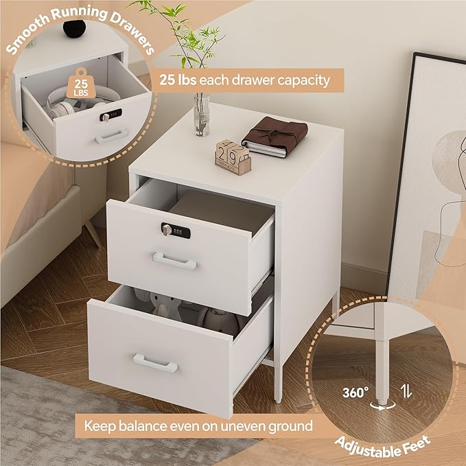 Nightstand, 2 Drawer Metal Locker End Table Lockable Bedside Table Storage - Image 5