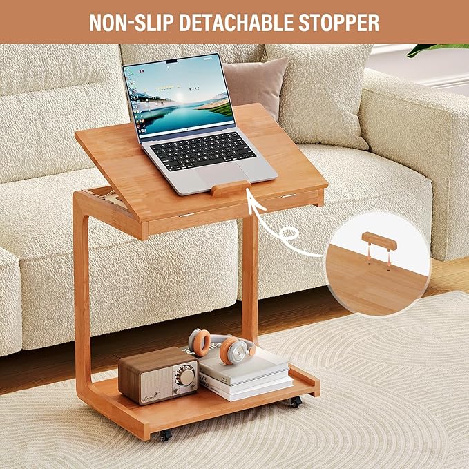 CozyDH Adjustable C Shaped End Table, Rolling Side Table Solid Wood TV Sofa - Image 6