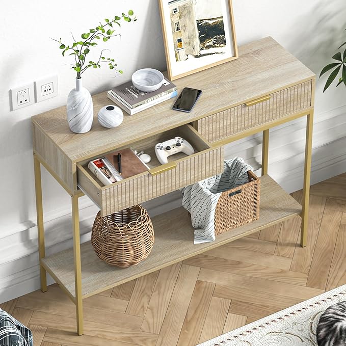 Anmytek Console Table with Storage, Wood Entryway Table with 2 Drawers - Image 4