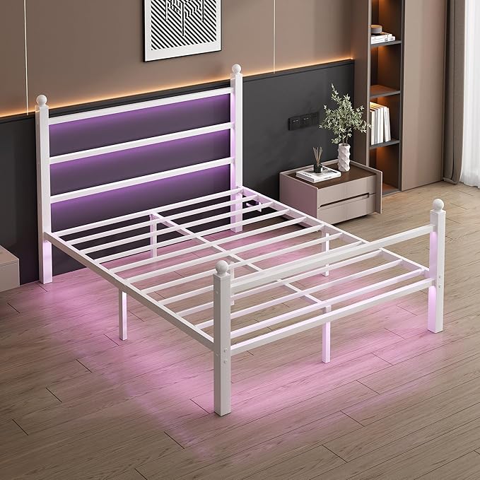 Queen Bed Frame with Headboard and Footboard, Steel Slats Support-LED Bed Frame - Image 8