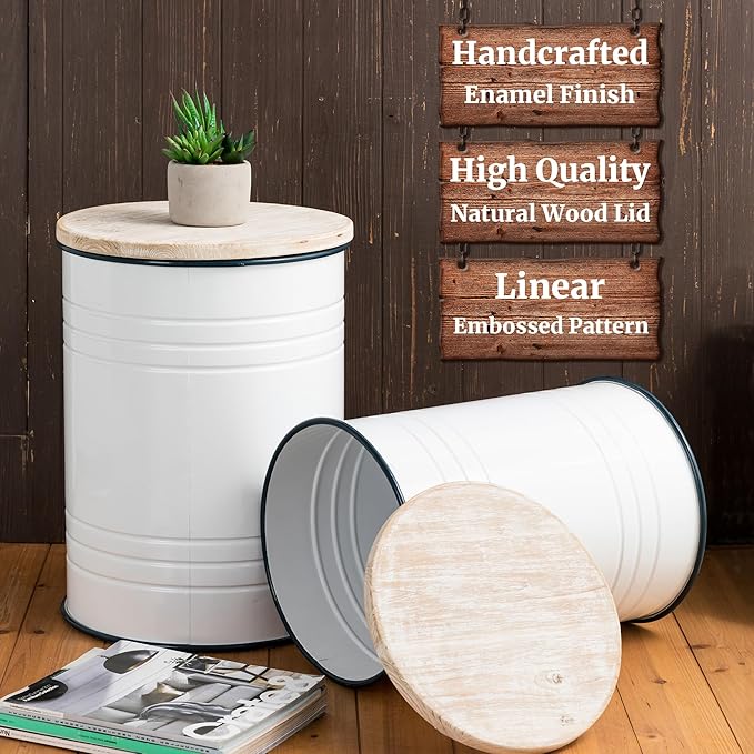 Glitzhome Farmhouse Accent Side Table, Metal Storage Stool Ottoman - Image 3