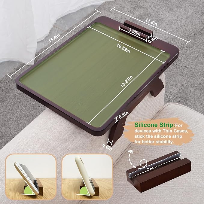 SINWANT Couch Armrest Table, Large Bamboo Couch Arm Table 360° Phone Holder - Image 5