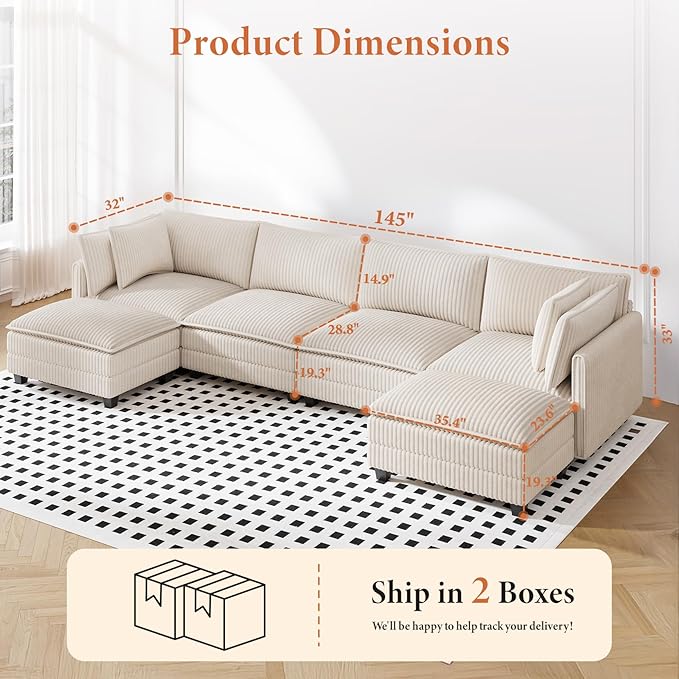 Vesgantti 143" U Shaped Sectional Modular Couch, Comfy Corduroy Upholstered - Image 2