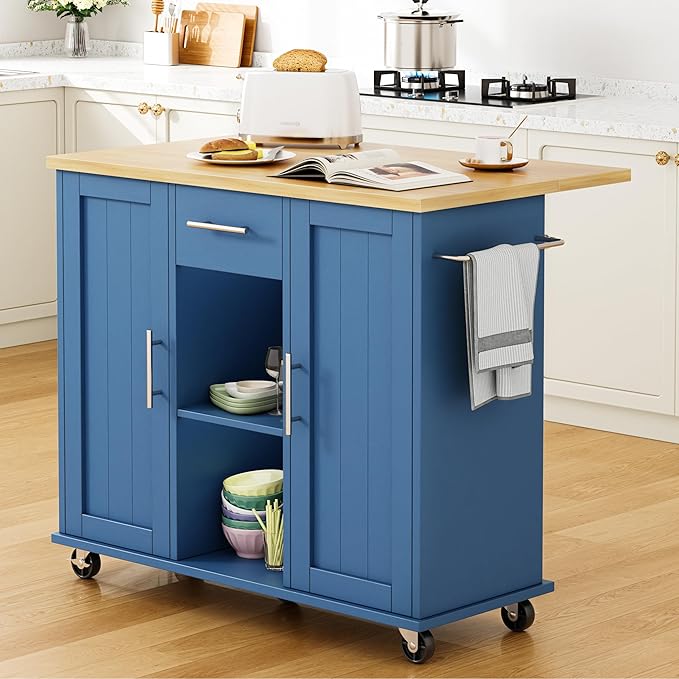 Shintenchi Kitchen Island with Storage, Bar Cart Cabinet Island Table on Wheels by Shintenchi