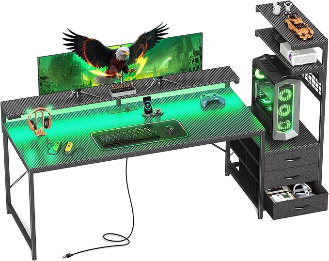 PRAISUN 68" Gaming Desk with LED Lights & Outlets, Computer Desk with 3 Fabric by PRAISUN