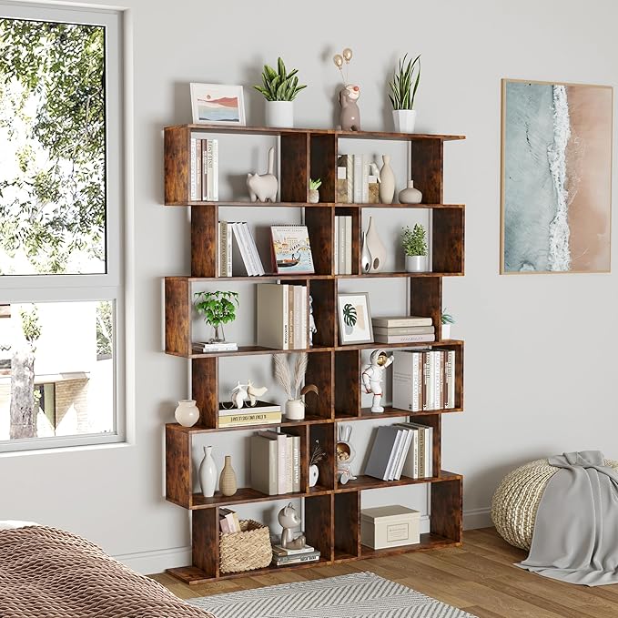 Yusong Geometric Bookcase, Bookshelf 6-Tier S Shaped Book Shelves - Image 5