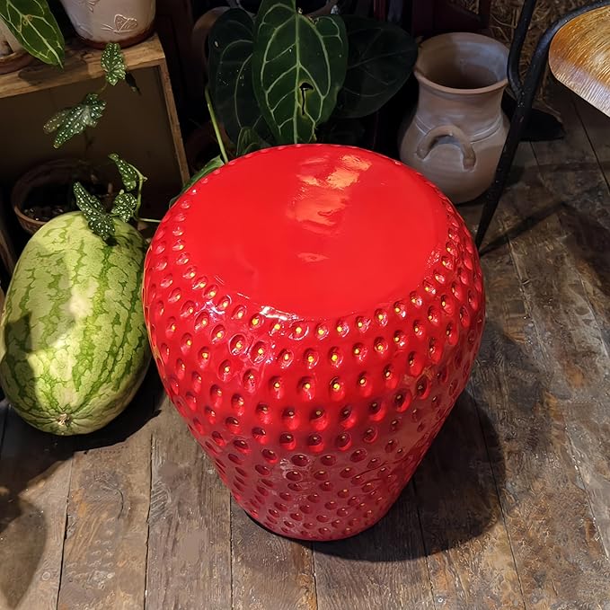 18" Red Strawberry Stool Statue Fruit-Inspired Side Table Indoor Outdoor Accent - Image 7