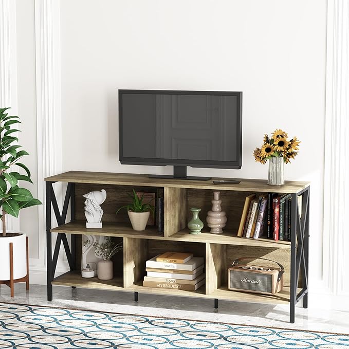 Horizontal Bookshelf, Industrial Modern 5 Cube Low Wide Cubby Bookcase - Image 5