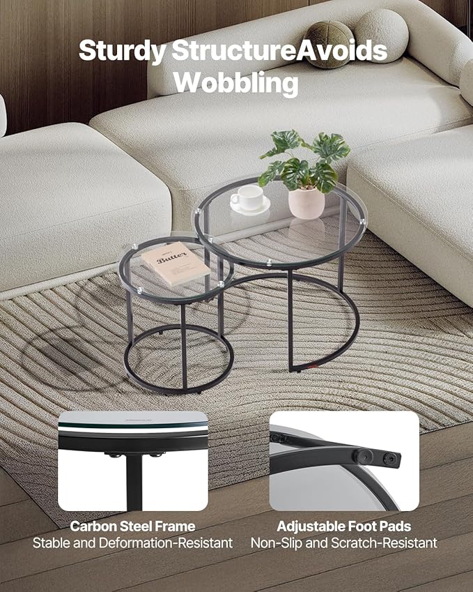 VEVOR Nesting Tables, Glass Coffee Table Set of 2, 23.6 inch Round Coffee Table - Image 5