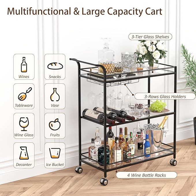Black Bar Cart, Home Bar Serving Cart - Image 3