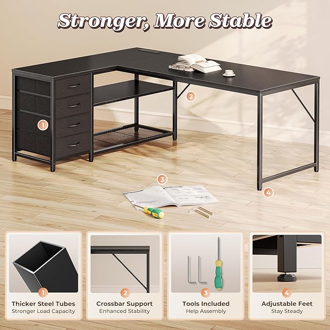 PRAISUN 61" L Shaped Desk with Power Outlets and USB-C Port, Reversible - Image 8