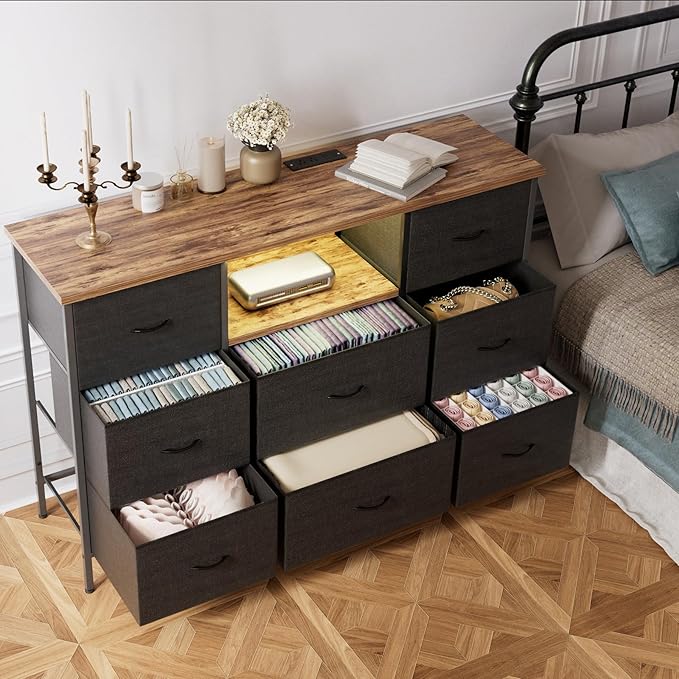 Black Dresser with LED Lights & Power Outlets, Dresser TV Stand with 8 Drawers - Image 3