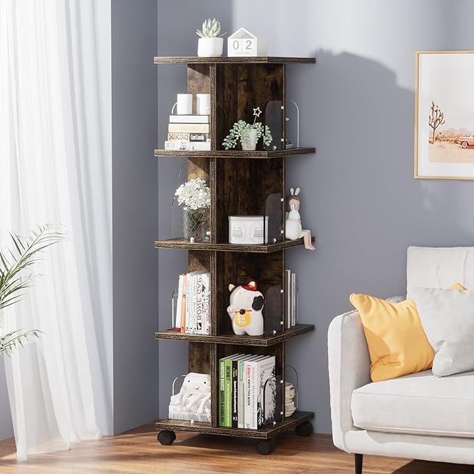 VECELO Rotating Bookshelf with Brake Wheels, 4 Tier Revolving Bookcase - Image 4
