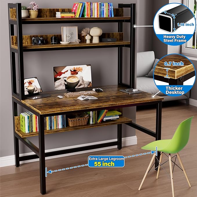 Aquzee Computer Desk with Hutch Bookshelves, 55 Inch Home Office Writing Desk - Image 4