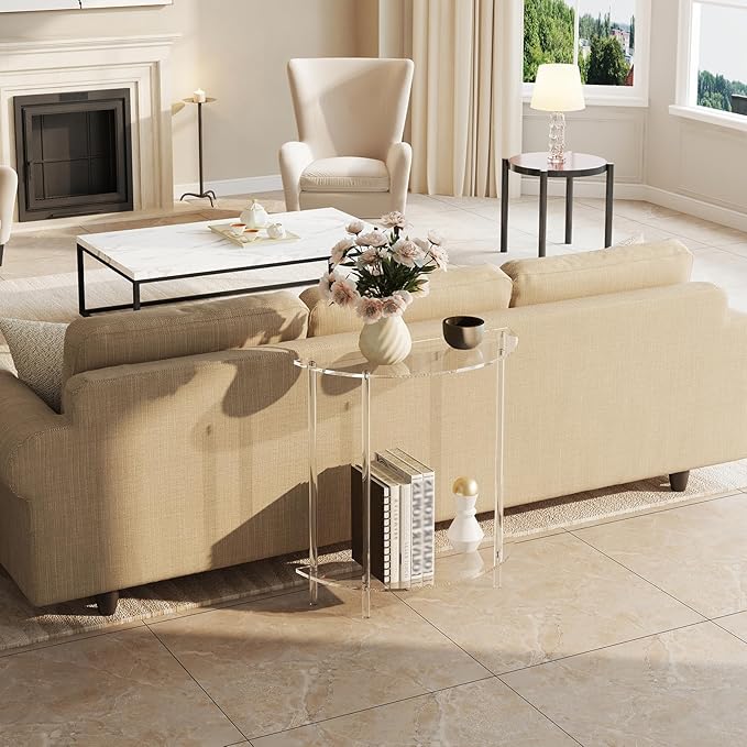 Acrylic Console Table, 2-Tier Half Moon Sofa Couch Table - Image 2