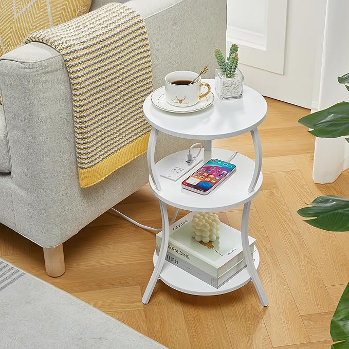 Small Round Side Table with Charging Station, 3-Tier Waist Circular End Table - Image 2