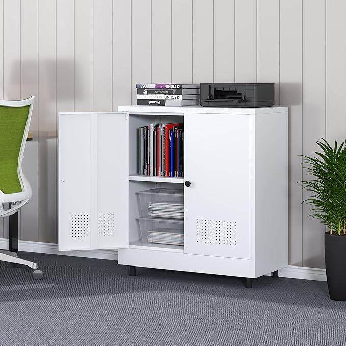 Metal Storage Cabinet with 2 Doors and Adjustable Shelf, Free Standing Accent - Image 4