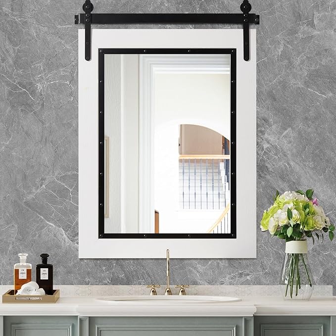 YOSHOOT Farmhouse Barn Door Mirror, Wood Frame Wall Mirror, Wooden Mirror by YOSHOOT