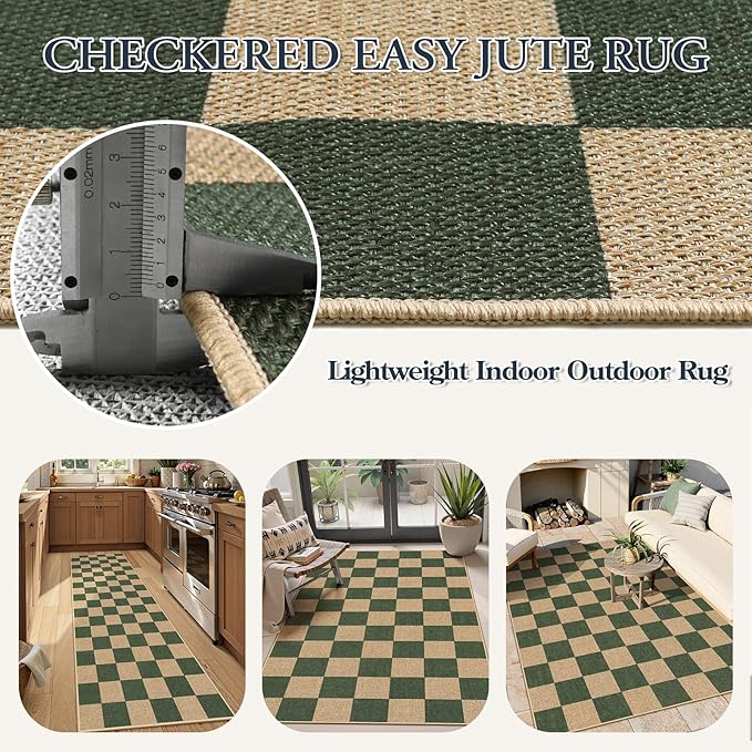 Lahome Checkered Outdoor Runner Rug, 2x8 Green Kitchen Runner Rugs - Image 5