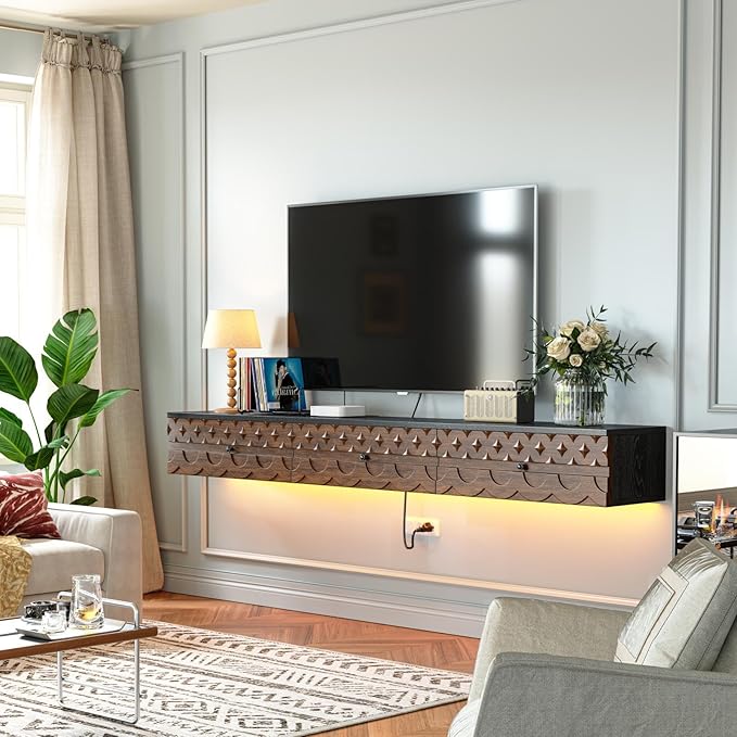 Fully-Assembled Floating TV Stand, Vintage Carved Floating Entertainment Center - Image 5