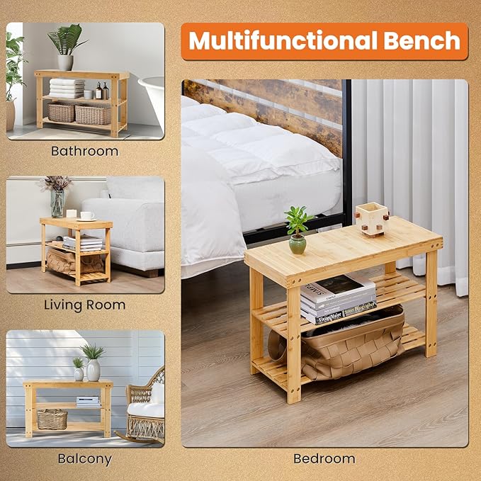 Sweetcrispy Shoe Rack Bench, 3-Tier Bamboo Entryway Storage Organizer, 286lb - Image 6