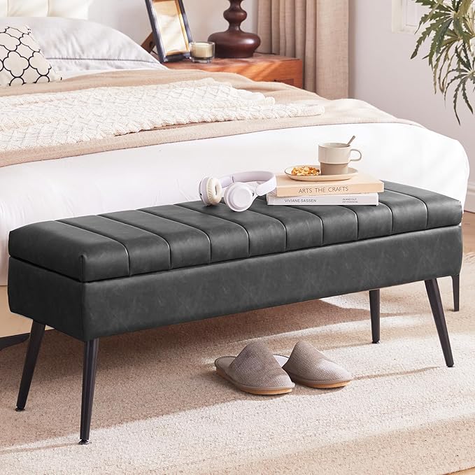 CUYOCA Storage Ottoman Bench, 43.5" Faux Leather Upholstered Entryway Bench by CUYOCA-MakeYouFeelComfort
