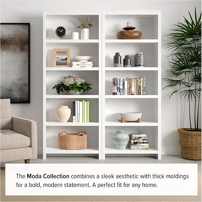 Prepac Moda 5-Tier Tall Wooden Bookcase, Display Cabinet, Bookshelf - Image 8