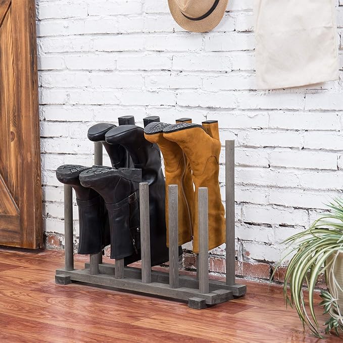 MyGift Vintage Weathered Gray Solid Wood Floor Standing Boot Holder Rack - Image 2