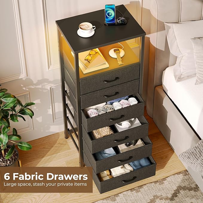 Seventable Night Stand with Charging Station, Tall Nightstand with 6 Fabric - Image 5