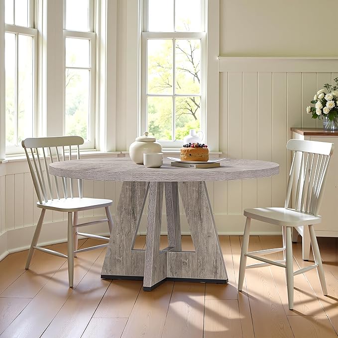 Round Dining Table for 4, 47 Inch Dinner Table Farmhouse Wooden Circle Kitchen by Unknown