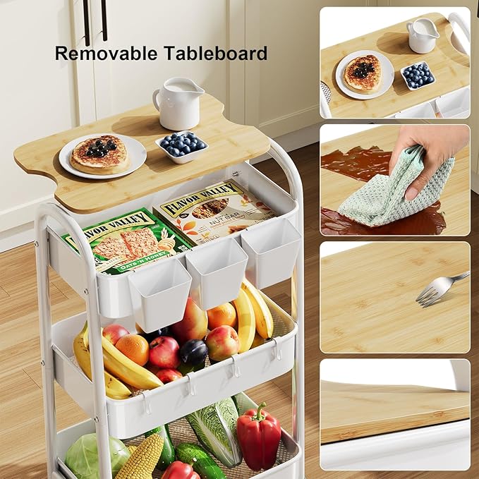 3 Tier Rolling Cart Metal with Wheels and Bamboo Table Top, Art Cart Organizer - Image 7