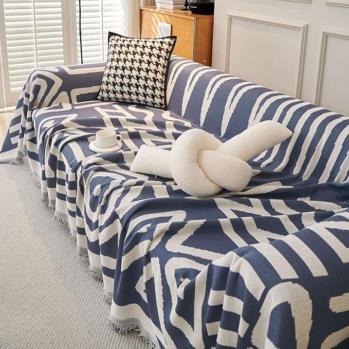 STACYPIK Reversible Boho Blue Beige Couch Cover - Image 8