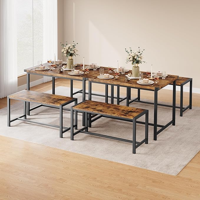 Dining Table Set for 4 with 2 Benches, 3-Piece Kitchen Table Set, Space-Saving - Image 3