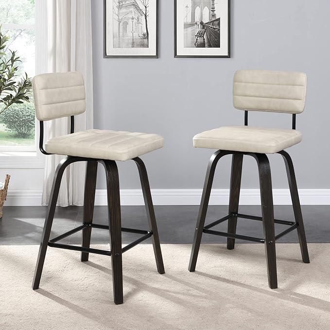 Swivel Bar Stools Set of 2, Counter Height, Wooden Frame, PU Leather Cushions - Image 6