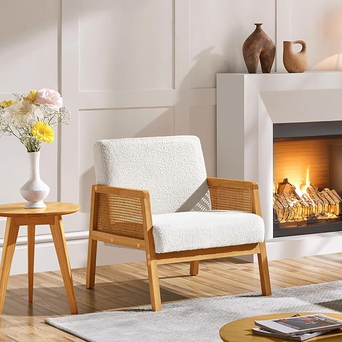 Yaheetech Boucle Fabric Accent Chair, Vintage Rattan Vanity Chair - Image 2