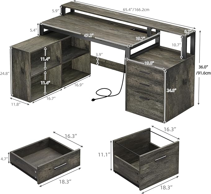 DWVO L Shaped Desk with Drawers, Corner Home Office Desk with Storage Shelves & - Image 2
