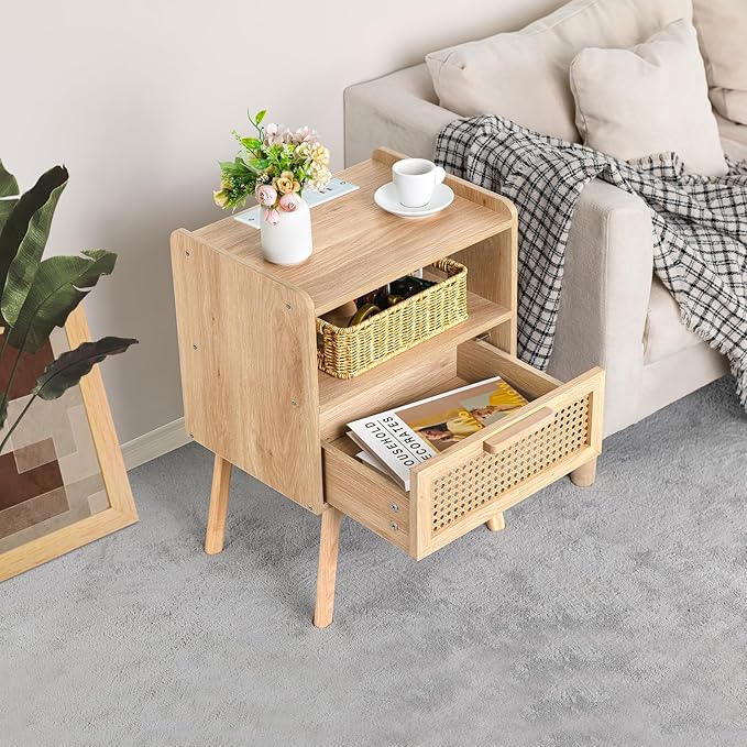 Lerliuo Rattan Nightstand with Charging Station, Boho Side Table with Drawer - Image 6